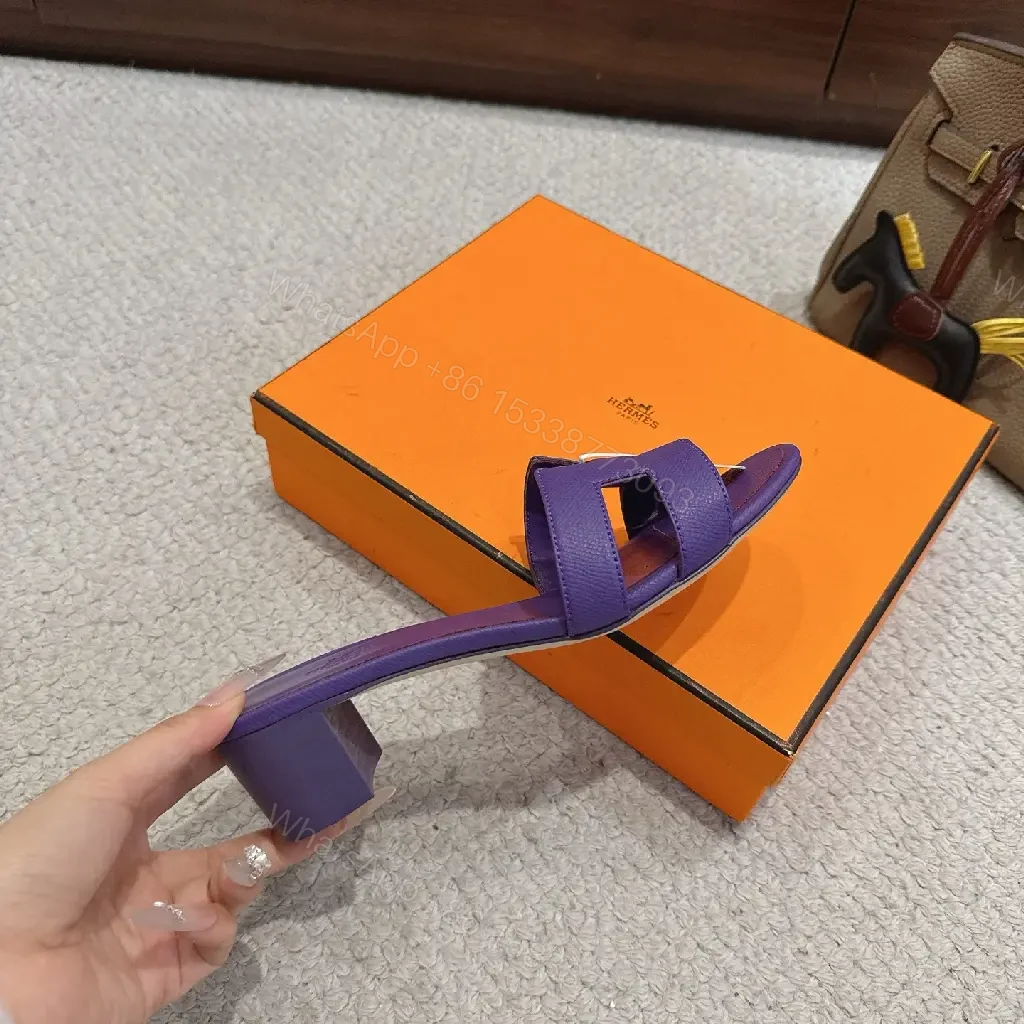 View 9 of Purple Leather Heeled Sandals Hermès-Style Slide Sandals