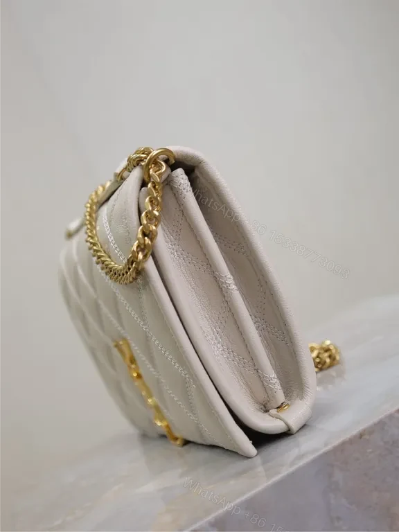 View 8 of White Quilt Leather Crossbody Bag with Gold YSL Logo