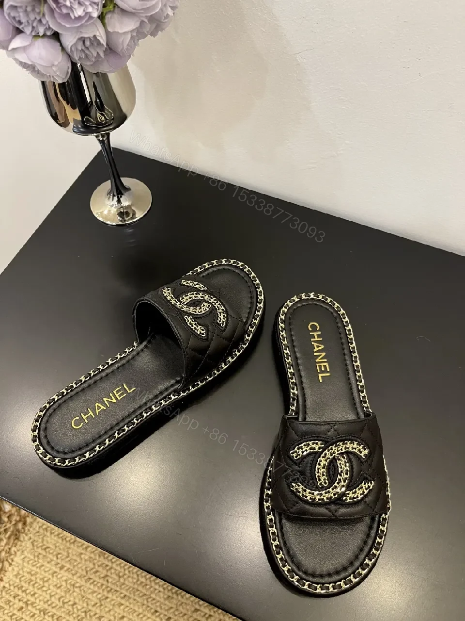 View 8 of Black Leather Slip-Ons with Chain Detailing Sandals