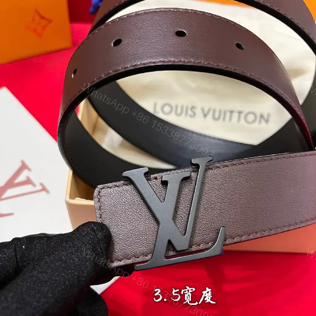 View 9 of Rich Brown Leather Belt with LV-Inspired Buckle