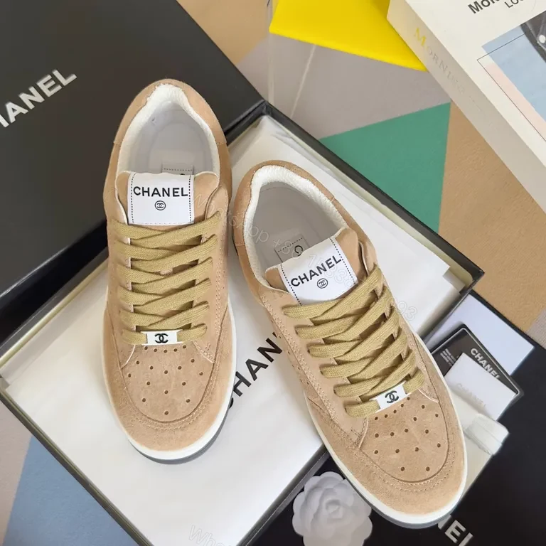 View 7 of Nude Suede Chanel-Inspired Casual Sneakers with Comfort-Boost