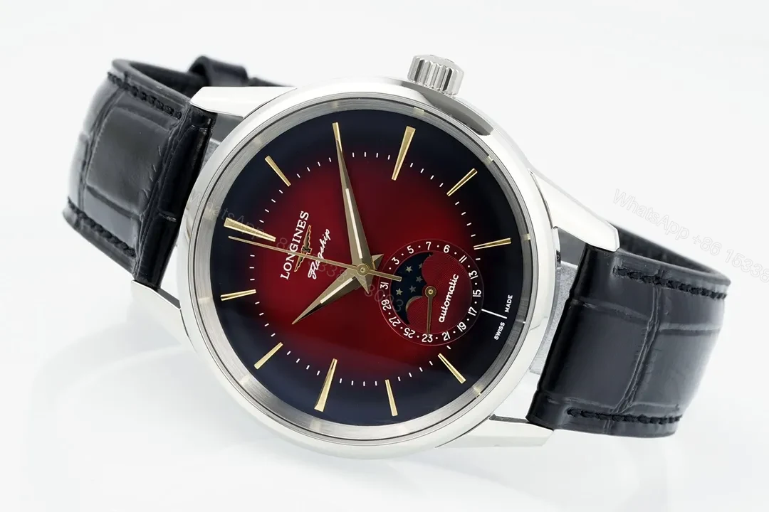 View 5 of Longines Flagship Classic Red Dial Moon Phase Automatic Watch with Black Leather Strap