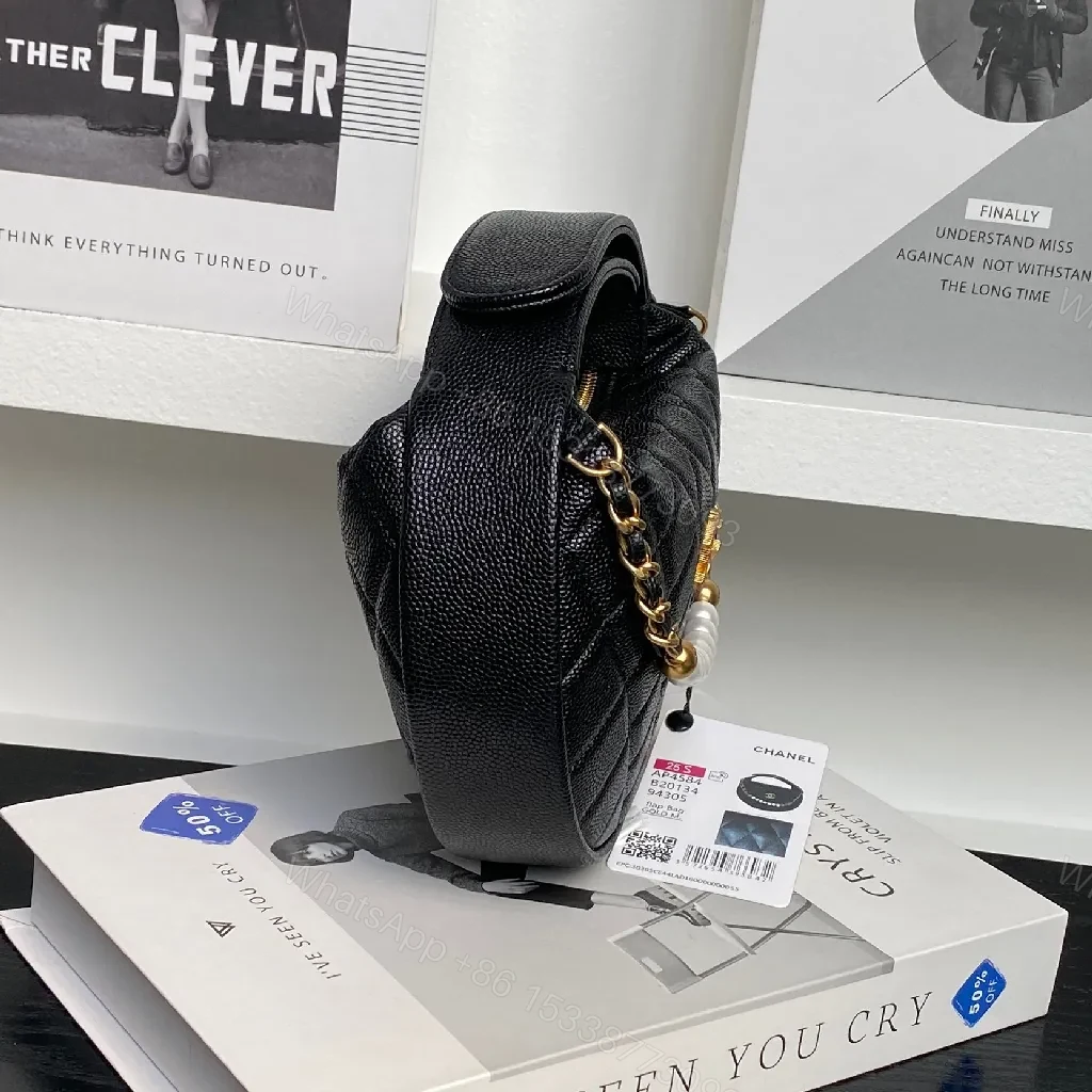 View 9 of Compact Quilted Black Mini Bag with Pearl Chain