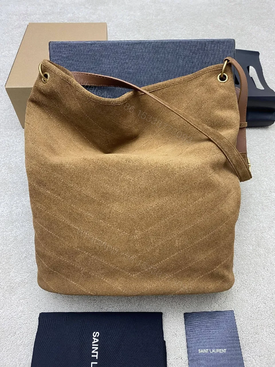 View 4 of Soft Suede Hobo Bag with Adjustable Strap, Tan Caramel, Luxury Style, YSL-inspired Gold Hardware, Bag
