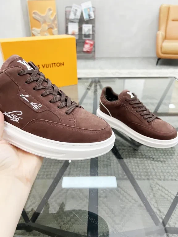View 8 of Rich Leather LV Emblem Low-Top Sneakers - Suede, White Sole