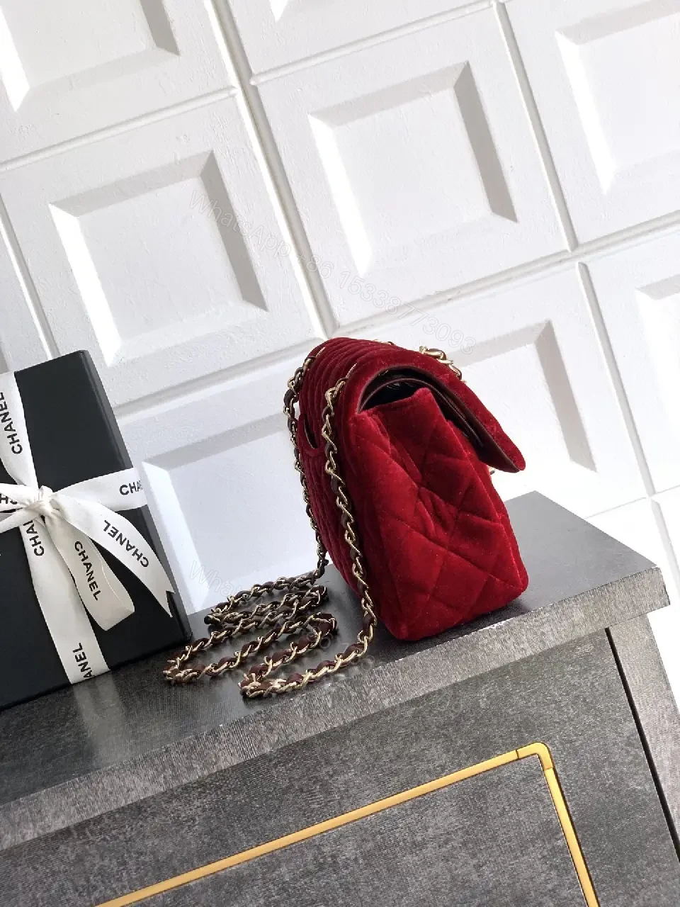 View 3 of Rich Velvet Red Flap Bag with Gold Chain Embellishment