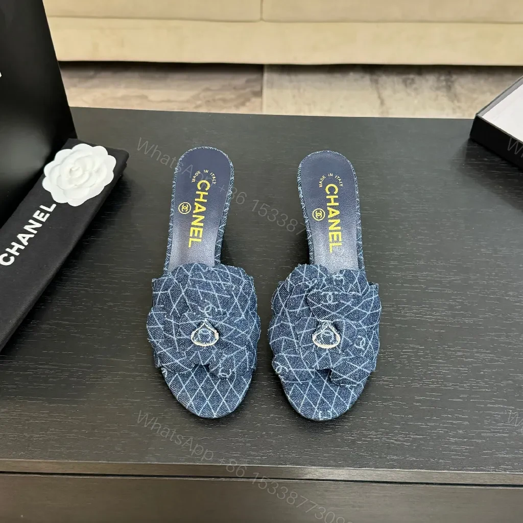 View 8 of Denim-Textured Mule Sandals with Luxe Emblem