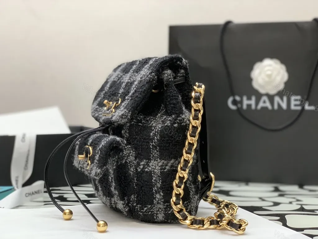 View 5 of Chanel-Inspired Plaid Knit Backpack with Gold Chain
