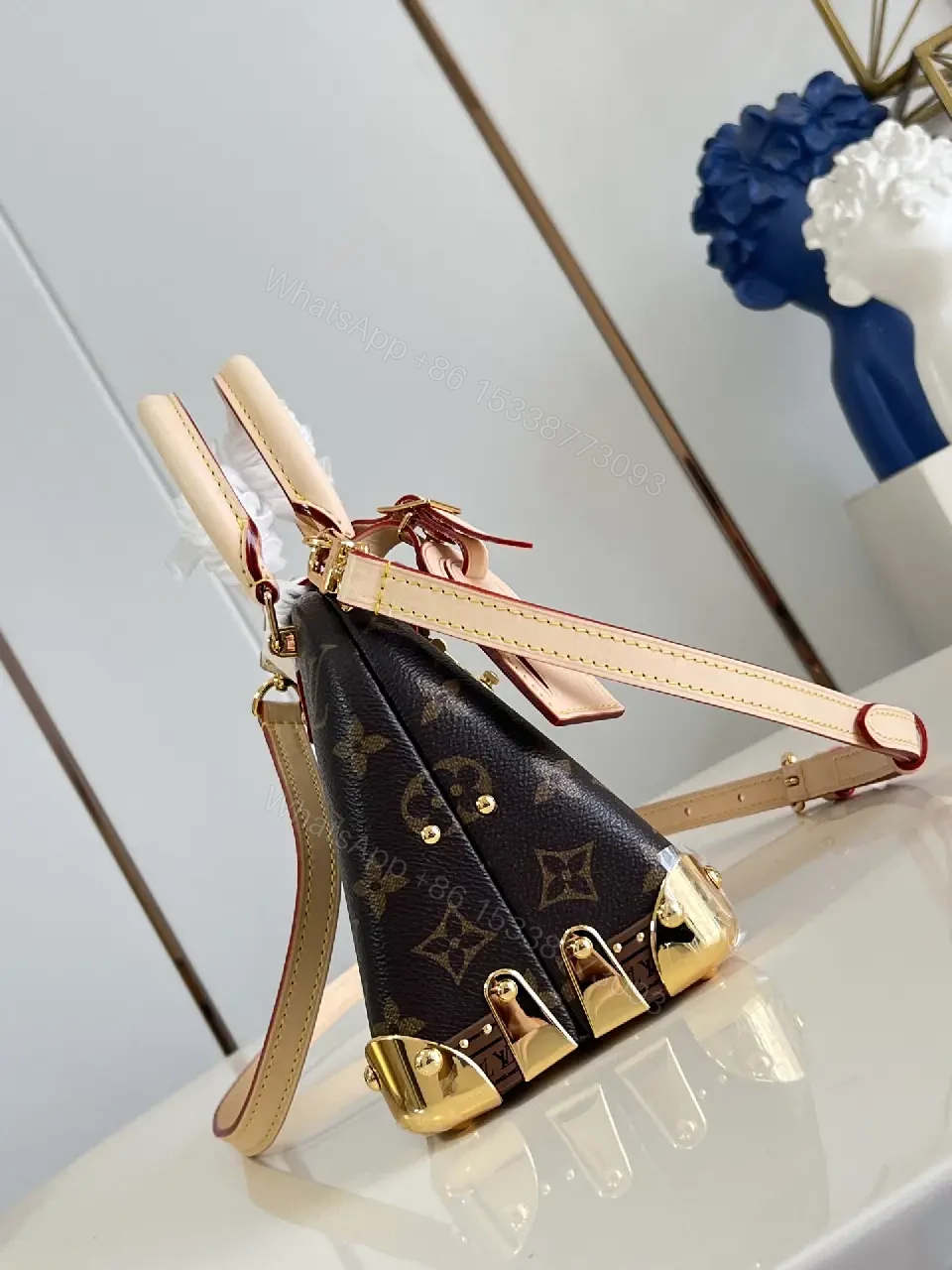 View 7 of Dark Brown Canvas Satchel: Leather Trim, Gold Hardware, LV Monogram