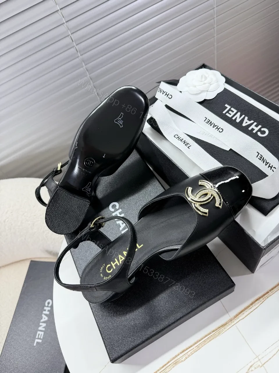 View 2 of Black Satin-Patent Slingback Flats with Gold Logo Hardware