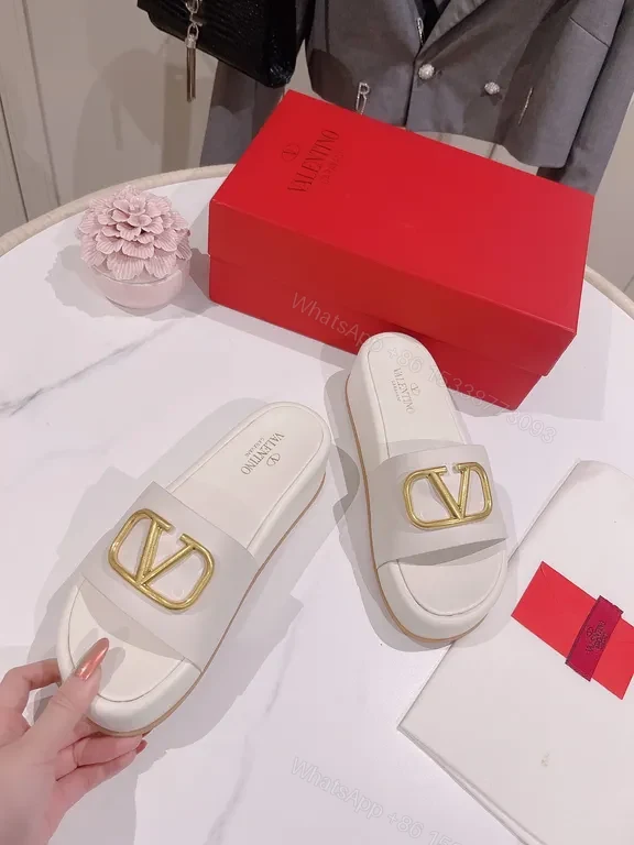 View 8 of Valentino-Style White Leather Slides with Gold Logo Buckle