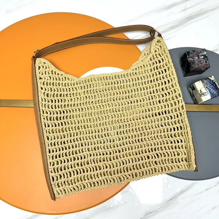 View 4 of Natural Tan Woven Straw Shoulder Bag â€” Luxury, Breathable, YSL Emblem