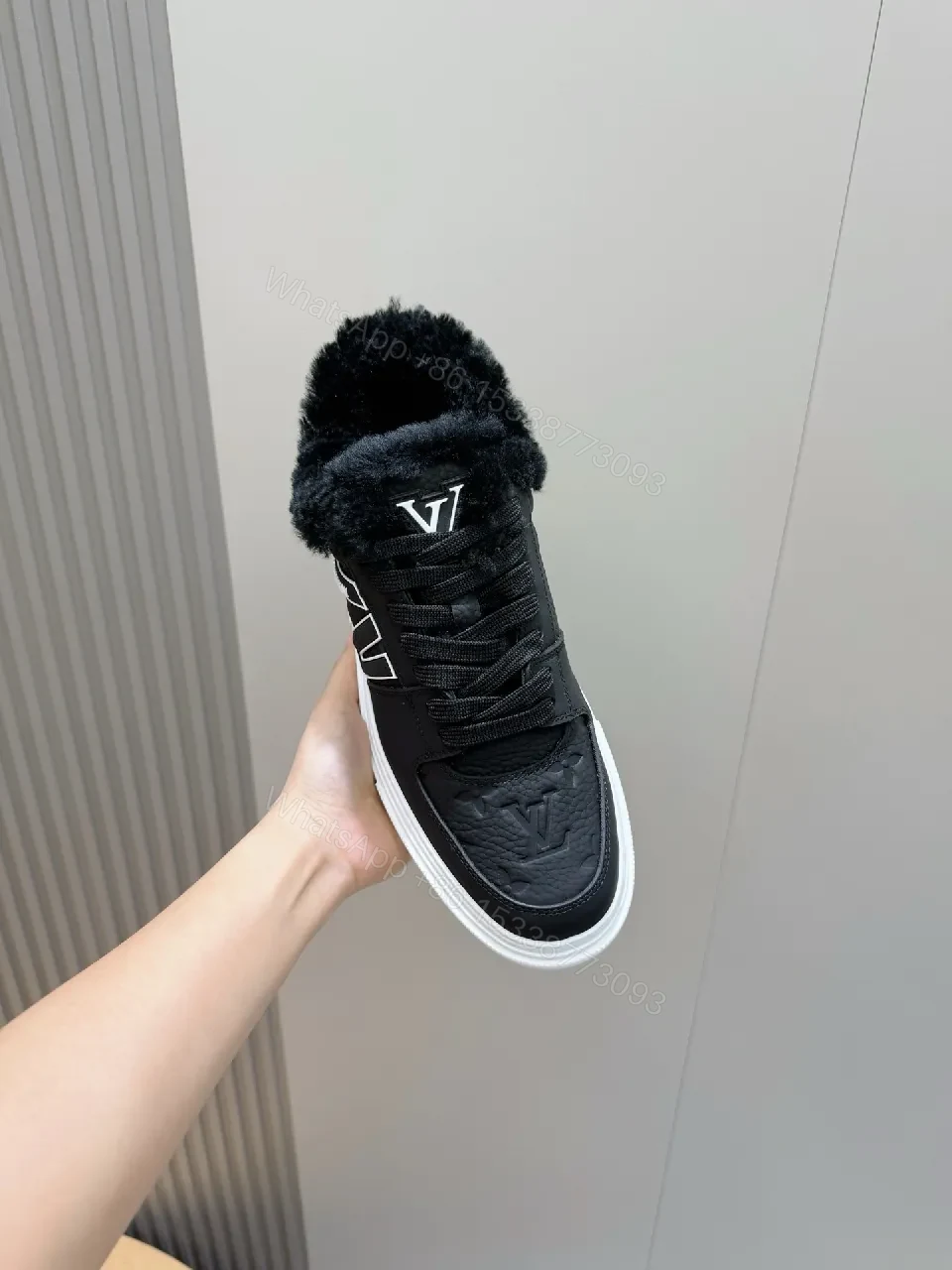 View 8 of Fur-Lined Black Leather High-Top Sneakers: Luxury Comfort