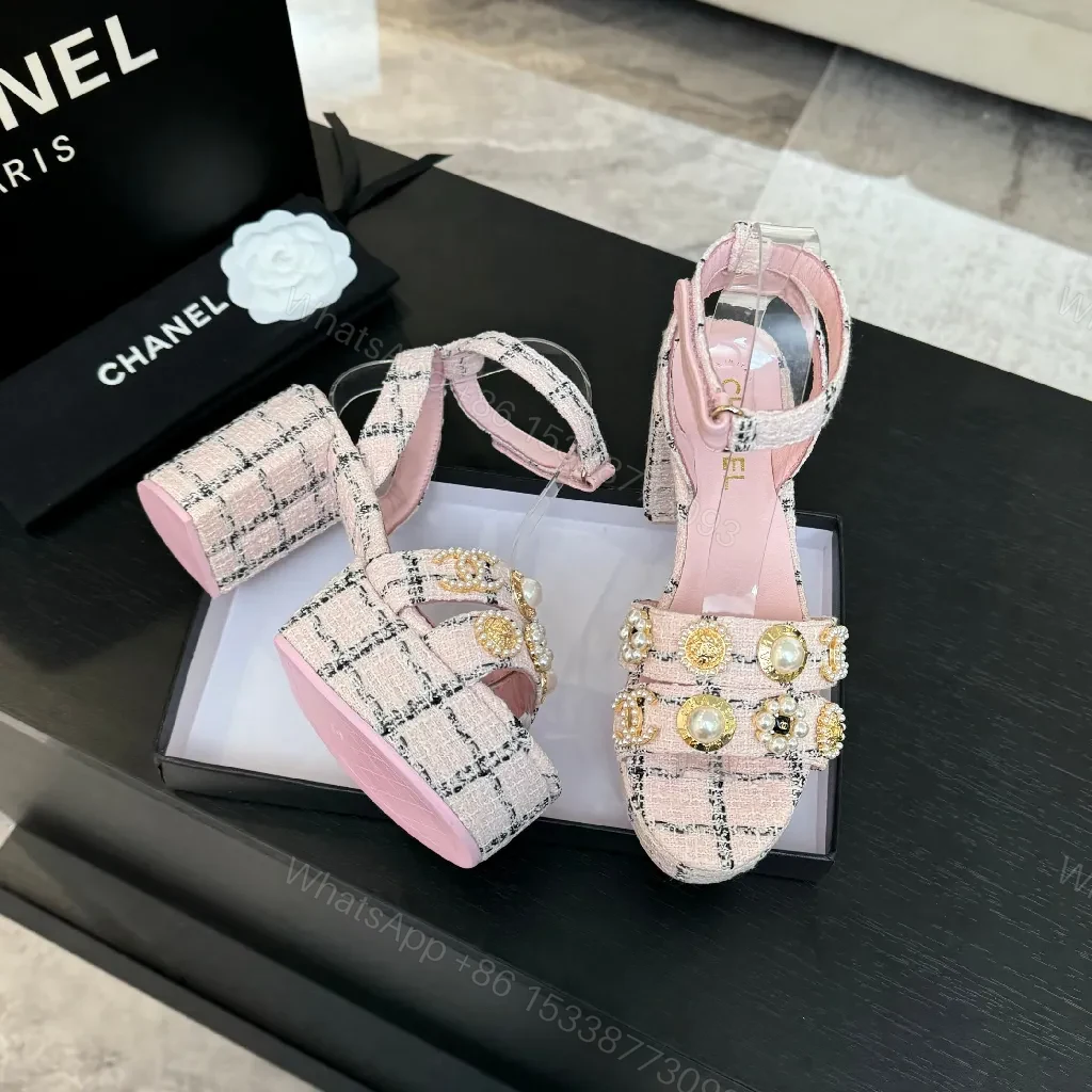 View 3 of Chanel-Inspired Pink Tweed Slingback Heels with Embellished Straps