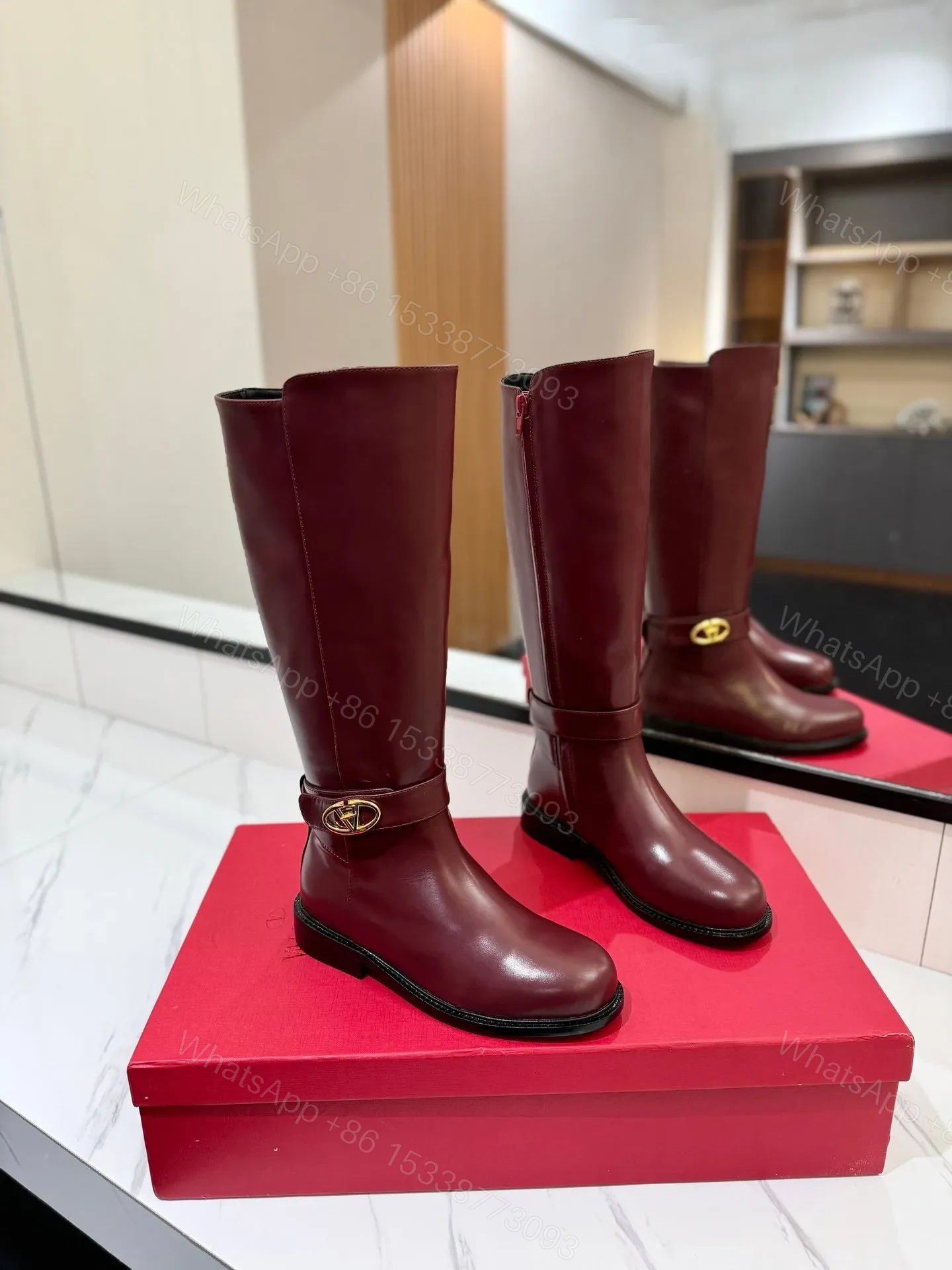 Valentino Women Burgundy Leather Knee High Boots — view 1