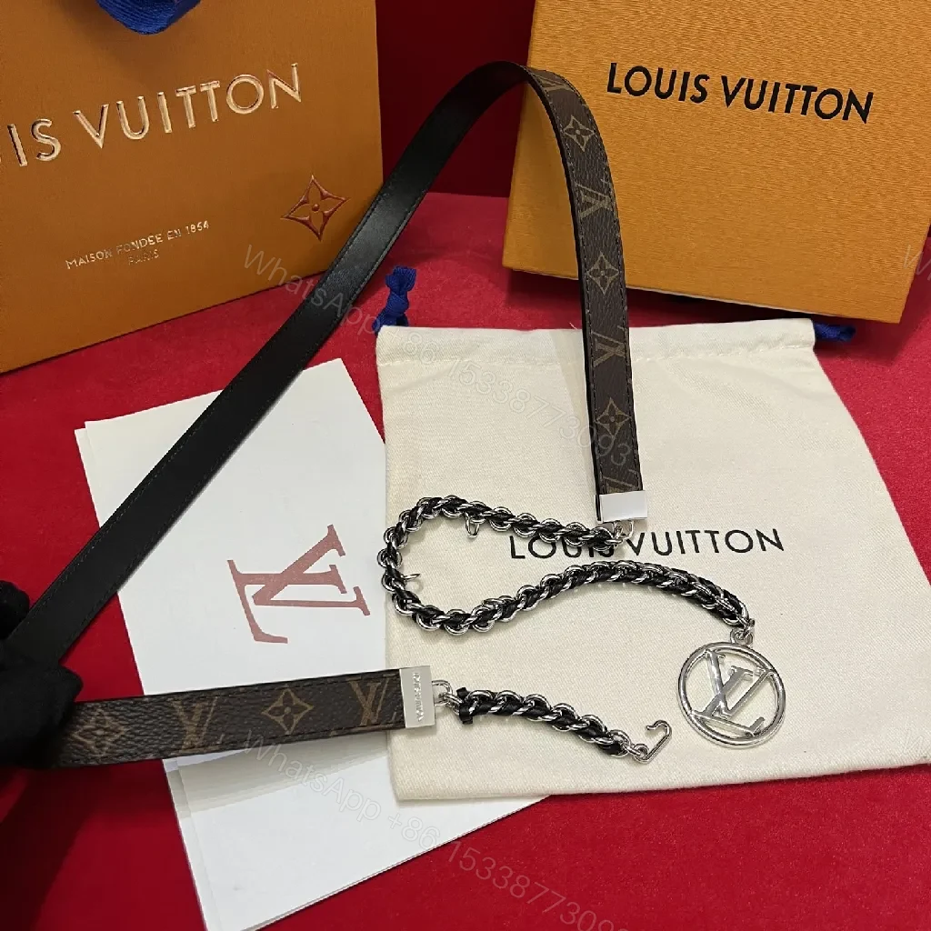 View 3 of Chic Leather Belt Chain Choker with Logo Motif