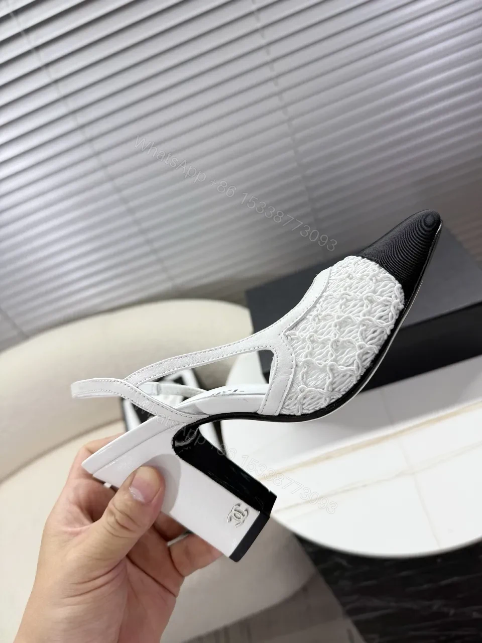 View 2 of Two-Tone Textured Slingback Pumps: Contrast Black Toe, White Body