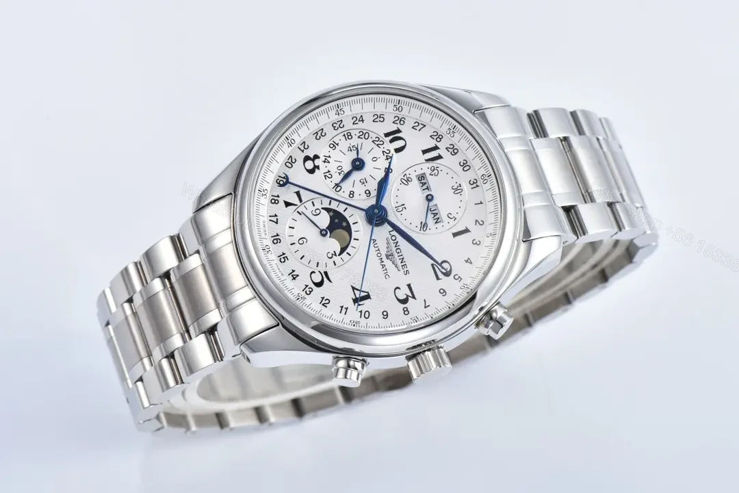 View 2 of Longines Master Collection Moonphase Chronograph Watch Silver Dial Stainless Steel Bracelet Classic Elegant Style