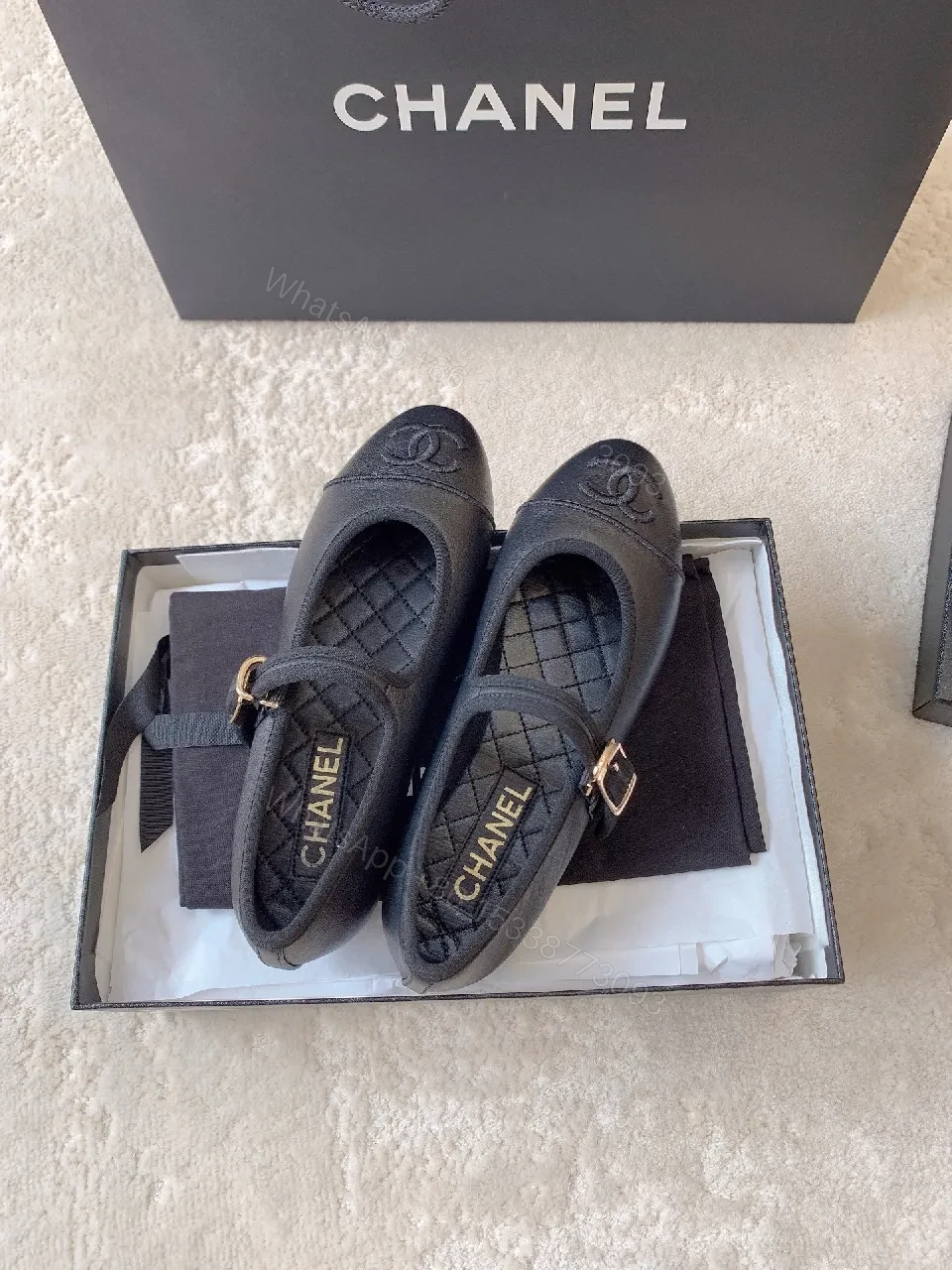 View 5 of Black Leather Mary Jane Flats with Logo Embroidery