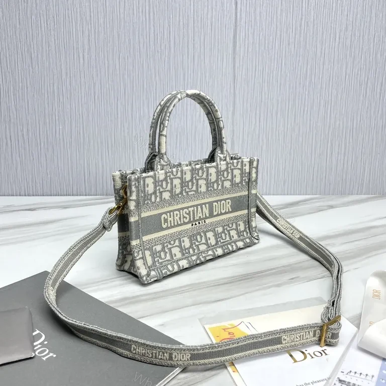 View 2 of Compact Dior Oblique Mini-Tote: Grey Jacquard, Logo Stripe, Premium