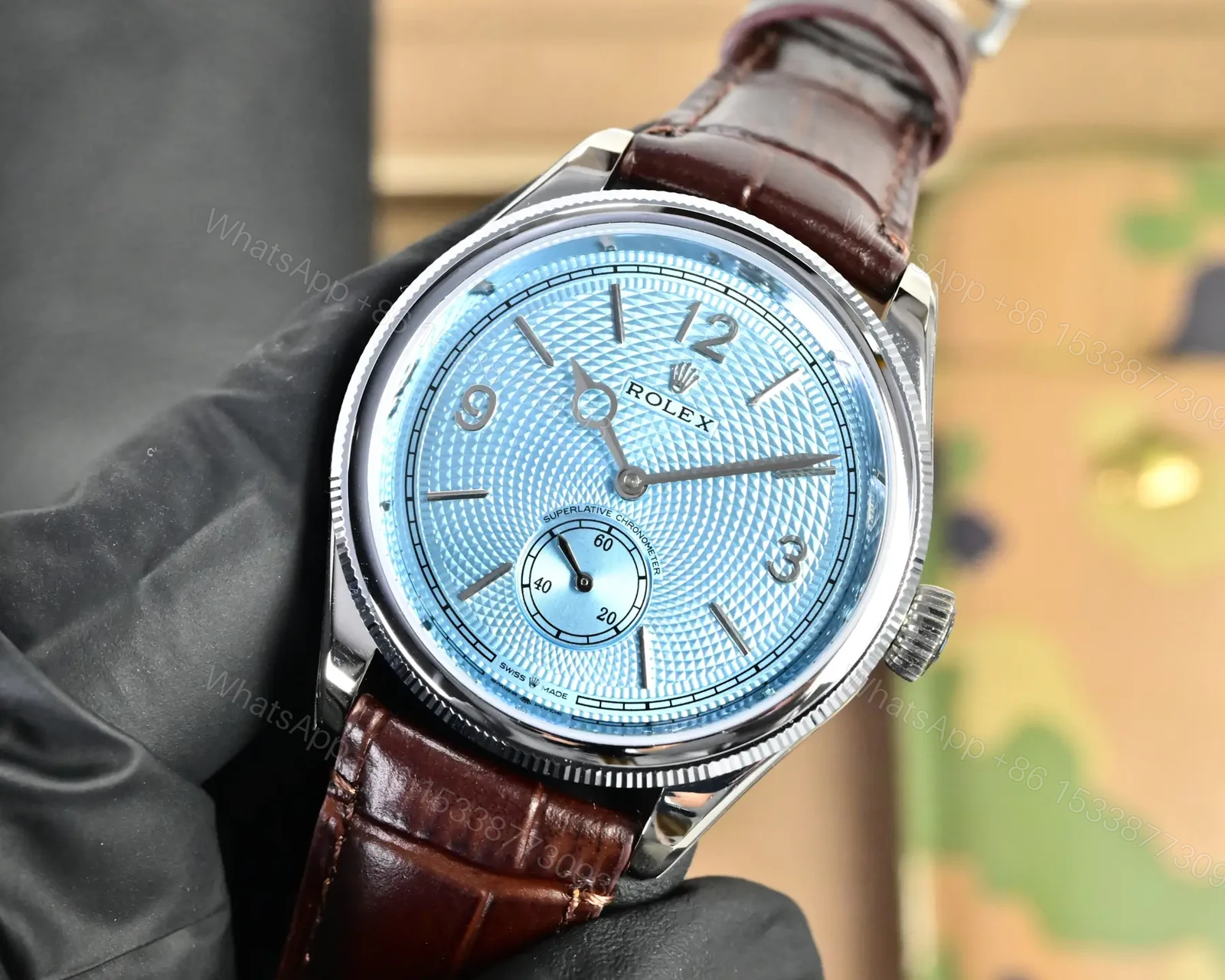 View 3 of Rolex Perpetual 1908 39 Platinum Ice Blue Dial Brown Leather Strap 52506-0002