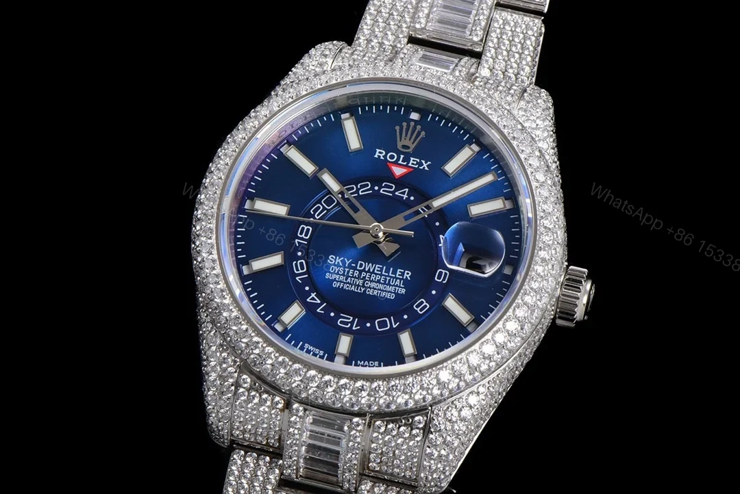 View 2 of Rolex Sky-Dweller Blue Diamond Replica 42MM Premium Full Pavé Steel Bracelet RG-ROLEX-SKYDWELLER-BLUE-DIAMOND-42