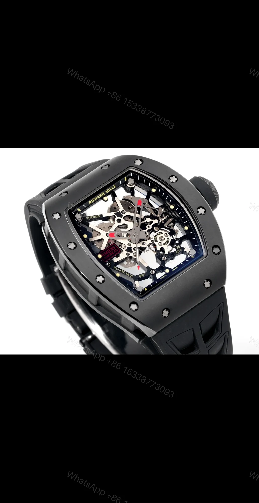 View 3 of Richard Mille RM035 Big Bull Manual Winding Skeleton Watch Black Ceramic NTPT Carbon Fiber RMUL1 Movement Velcro Strap Premium Edition RM035-BB-BLK-CF-VEL