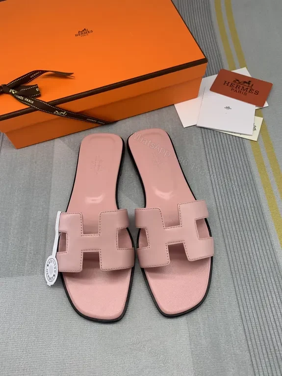 View 3 of Pastel Pink Hermes Oran Slides - Luxury Calf Leather Sandals