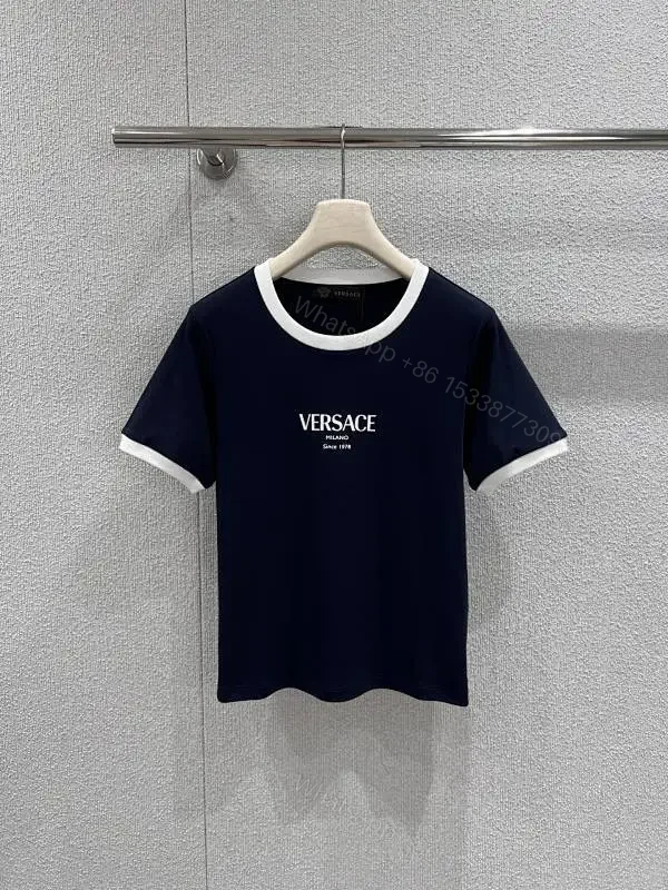 Navy Cotton-Blend Tee: White Trim, Modern Luxe Statement — view 1