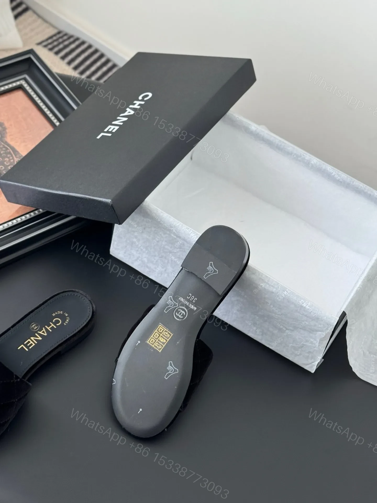 View 4 of Chanel Women Black Velvet Quilted Slides