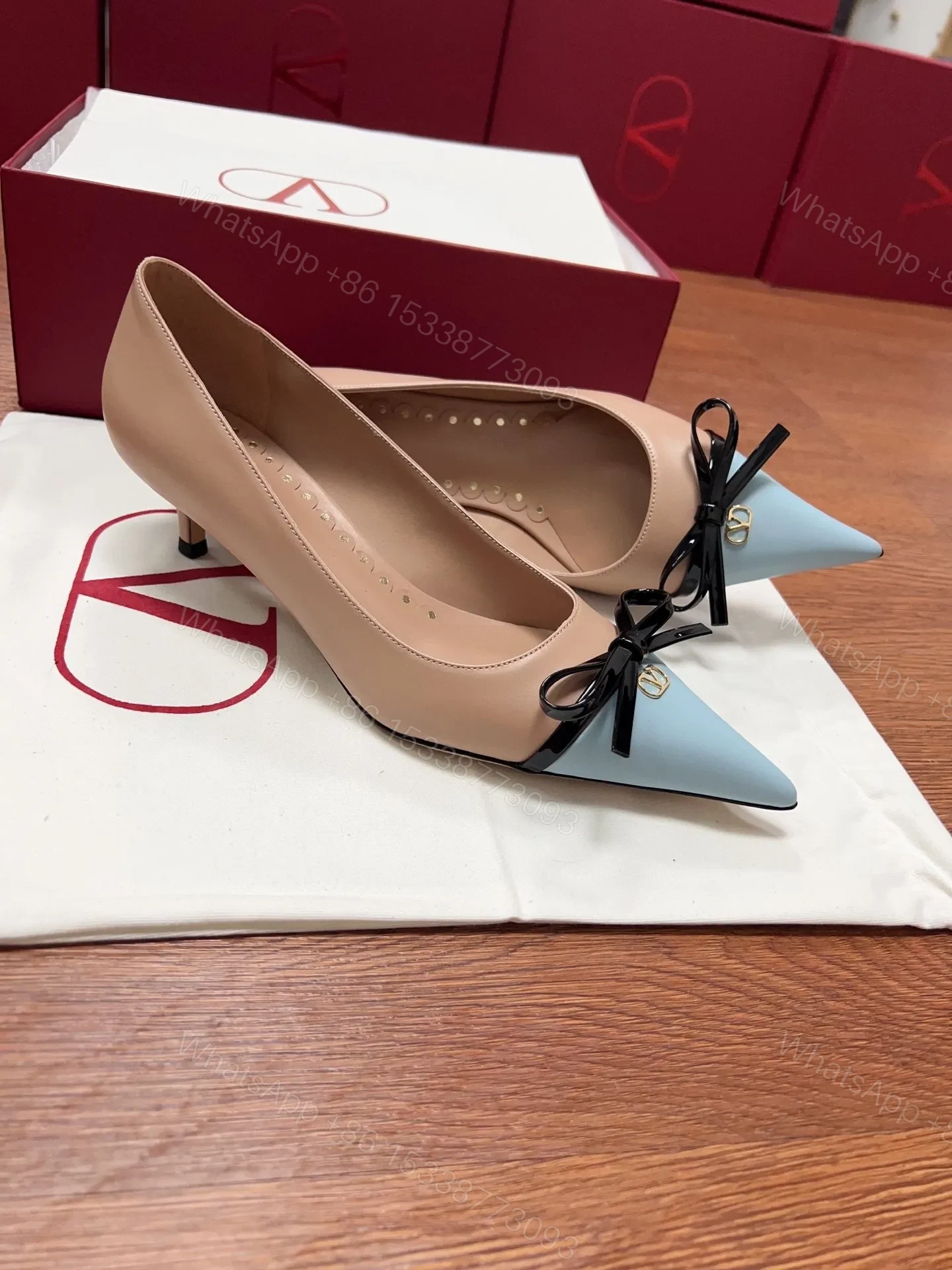 View 3 of Valentino Women Beige And Light Blue Leather Pumps