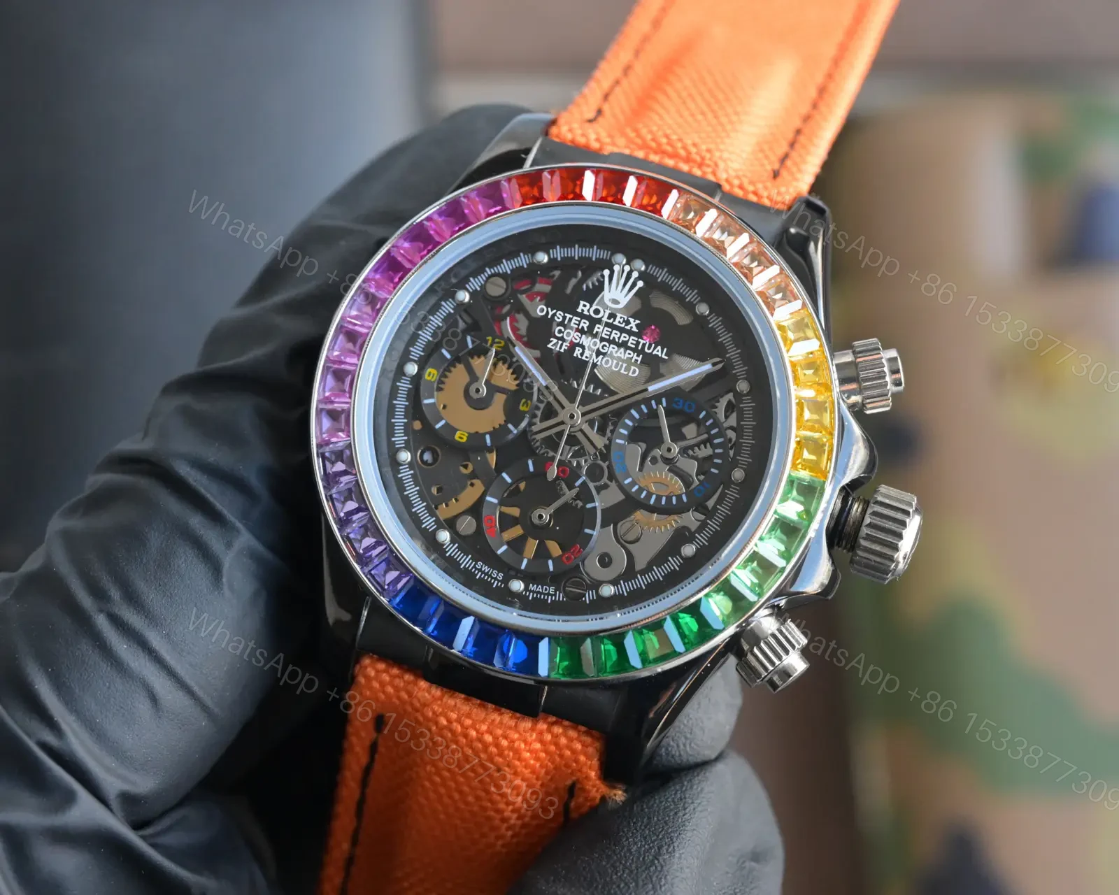 View 3 of Best Rolex Daytona Rainbow Orange Fabric Strap replica 43MM Hollow Dial Edition RG-DAYTONA-RAINBOW-ORANGE-FABRIC-43