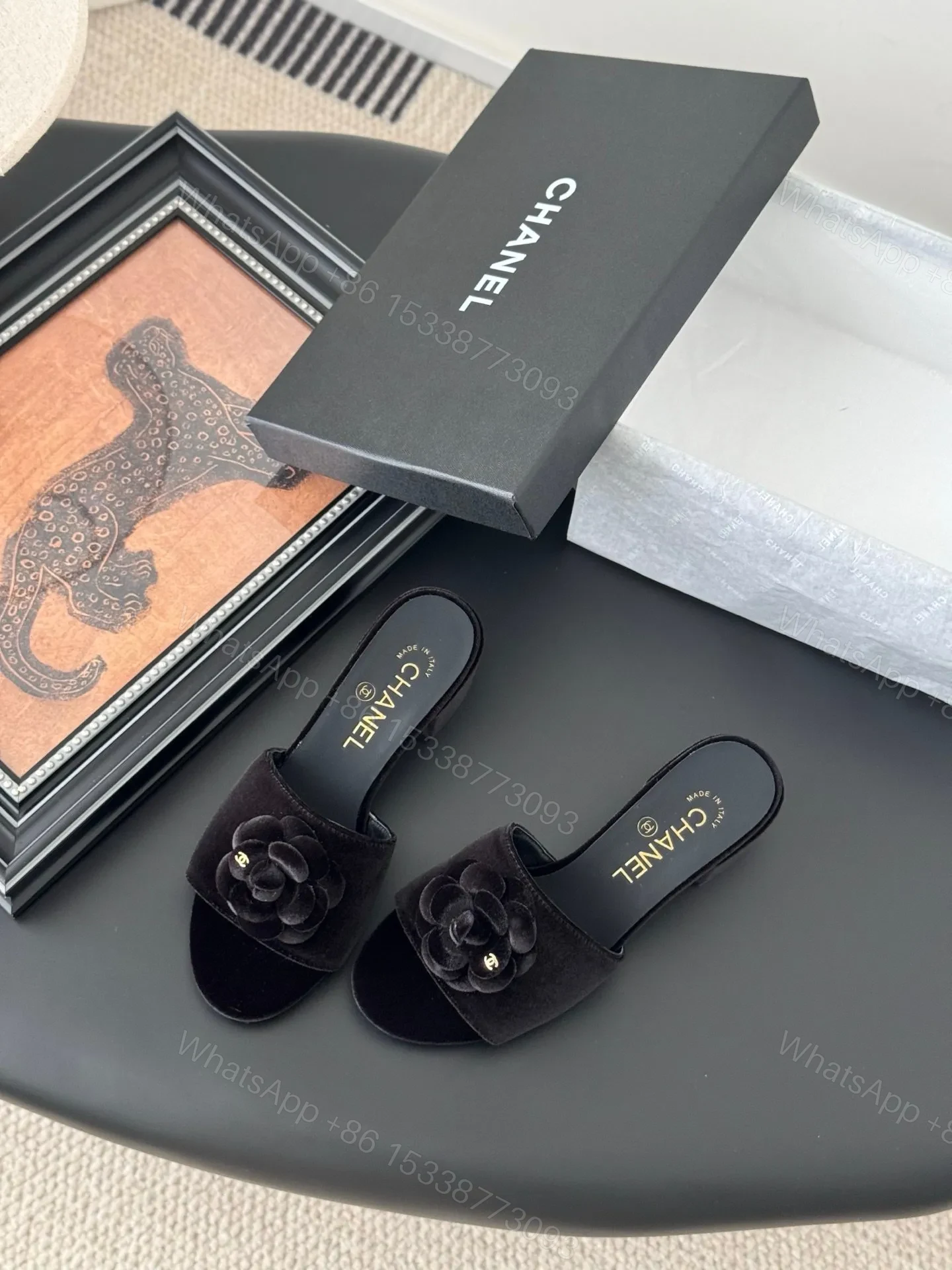 View 5 of Chanel Women Black Velvet Flower Embellished Mules