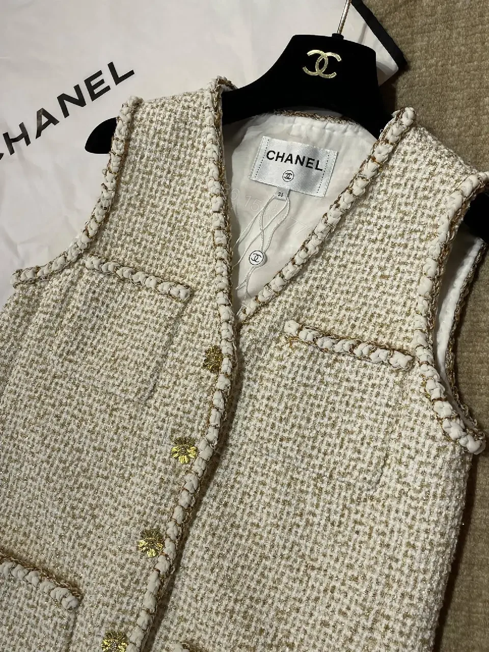 View 5 of Cream Bouclé Vest, Gold Buttons, Textured Luxe Style, Buttoned Front Vest