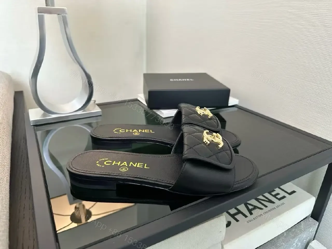View 10 of Quilted Quinn Slides: Black + Gold Logo, Ultra-Comfort Slide