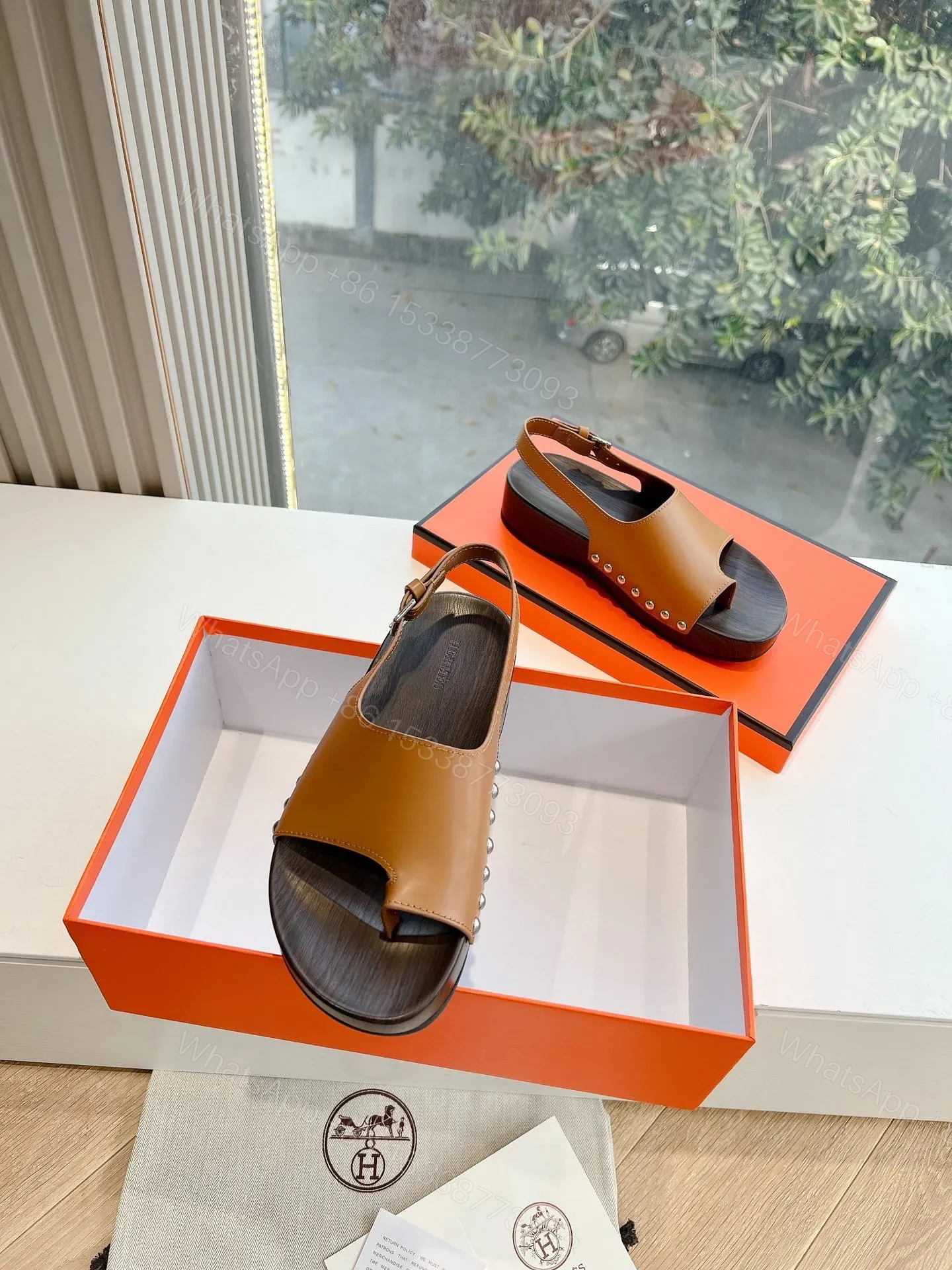 View 3 of Hermes Women Brown Leather Slingback Sandals
