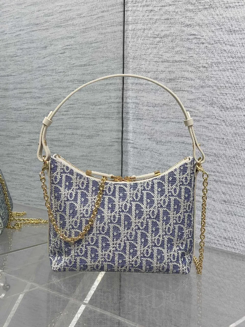 View 3 of Blue Denim Luxe Mini Bag - Gold Hardware, Structured Chic, Everyday