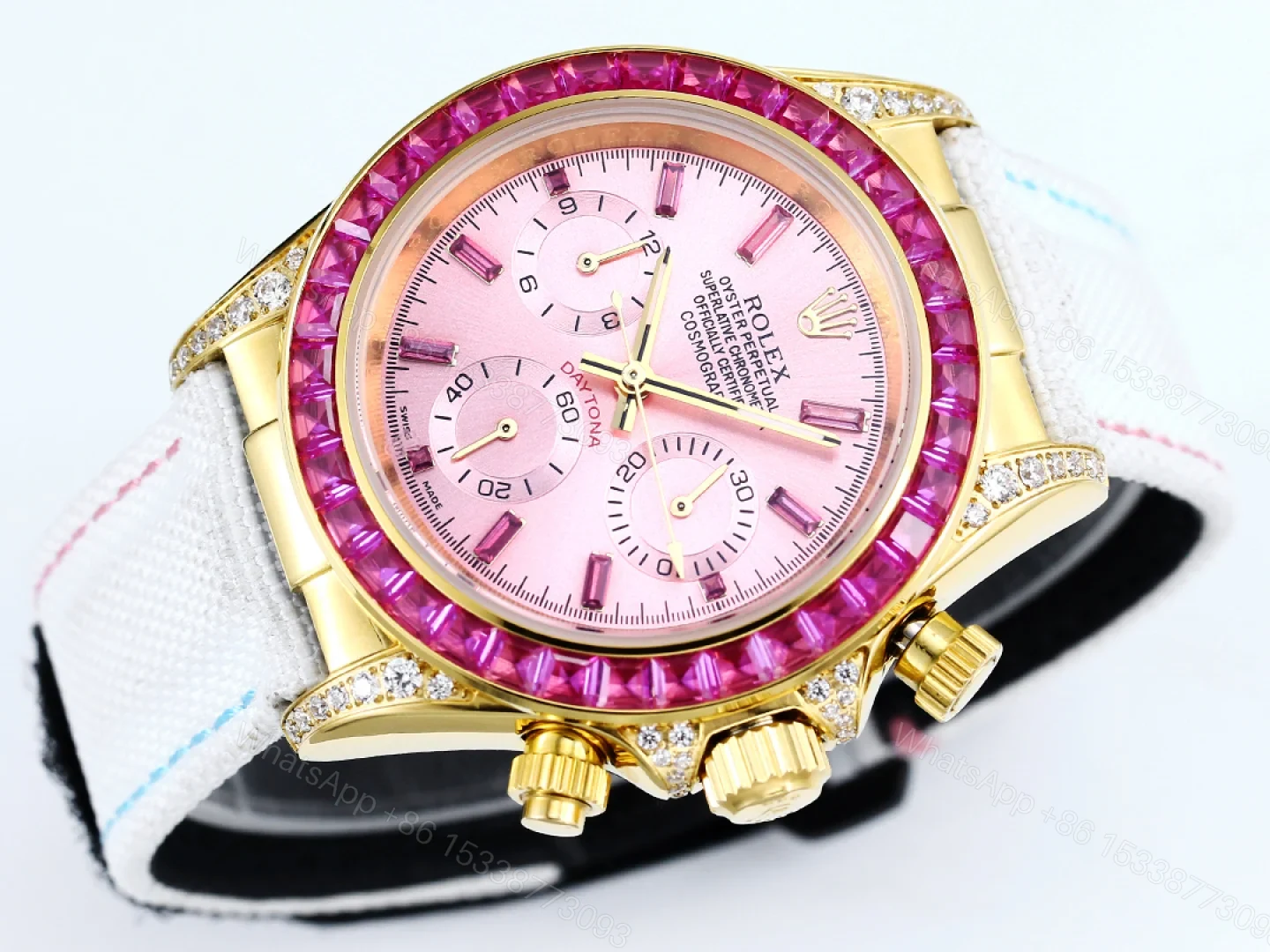 View 5 of Rolex Daytona Pink Ruby White Strap Replica 43MM Exclusive Gold Case Edition RG-ROLEX-DAYTONA-PINK-RUBY-WHITE-43