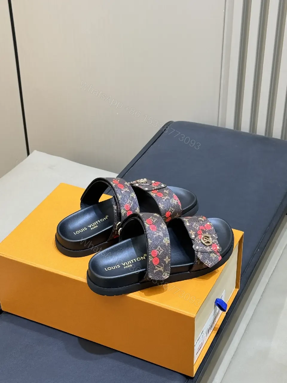 View 4 of Black Monogram Leather Sandals Signature Strap Louis Vuitton Slide Slides