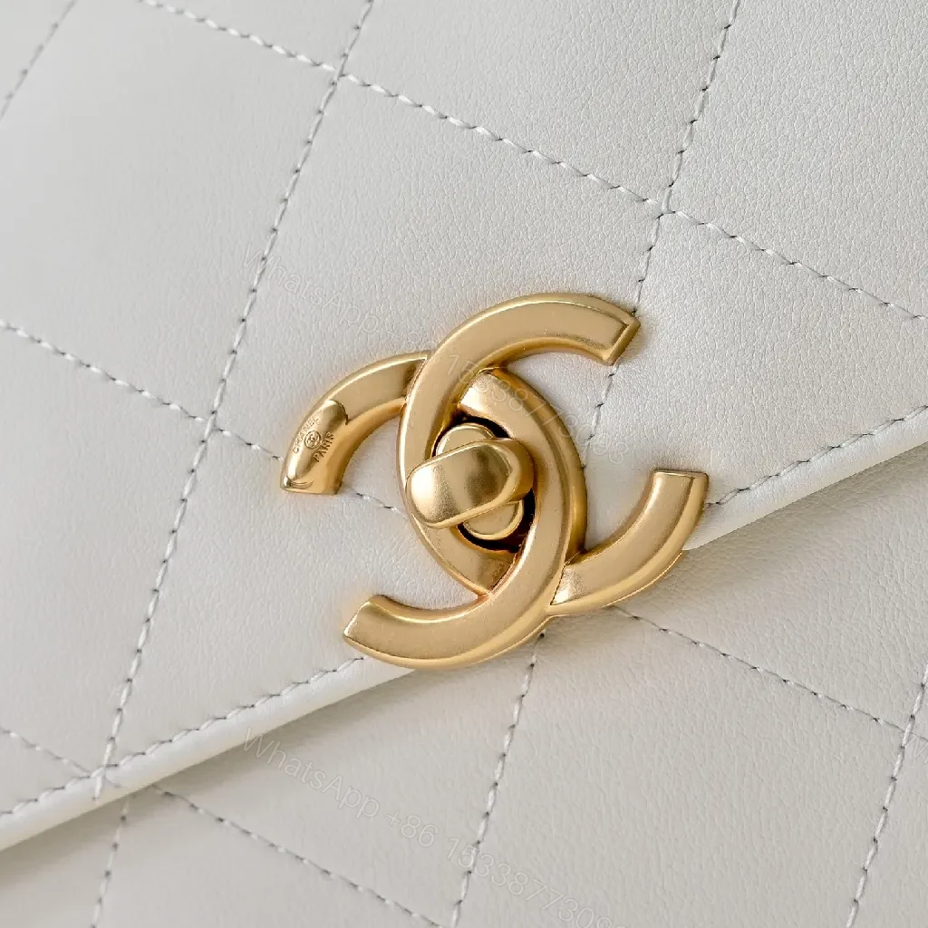 View 5 of White Quilted Flap Bag, Gold Clasp, Chain-Interlace Carrying Style, Luxury LivingBag