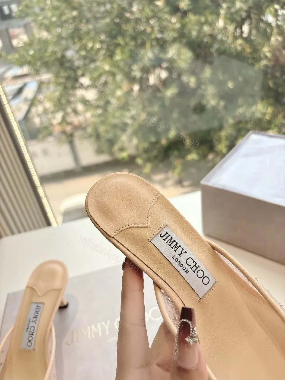 View 7 of Beige Beaded Pointed-Toe Mules — Luxe Crystal Shine