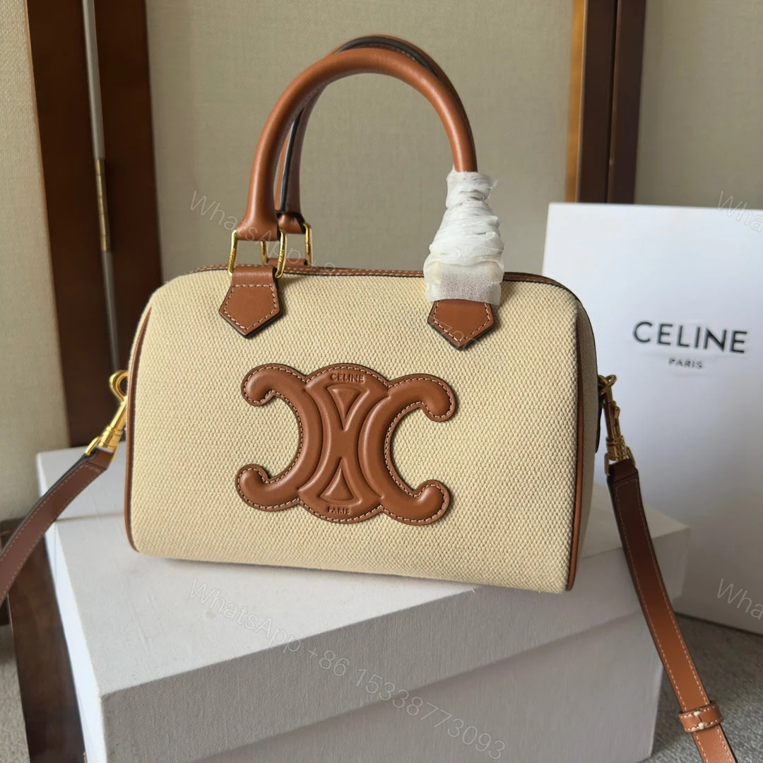 View 2 of CELINE SMALL BOSTON CUIR TRIOMPHE IN TEXTILE AND CALFSKIN TAN