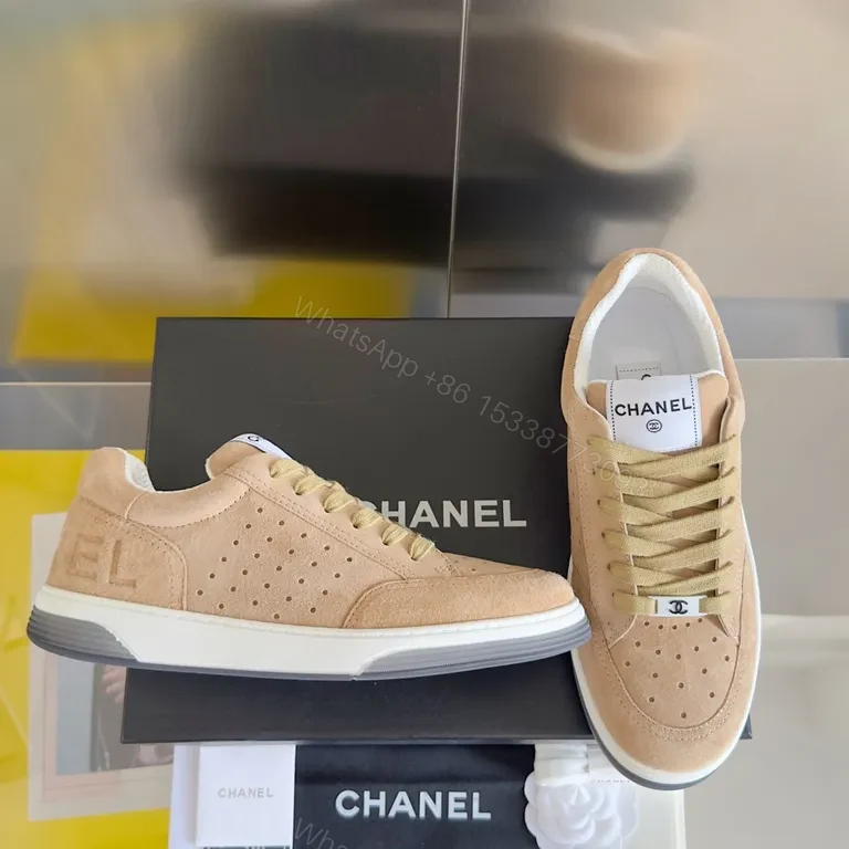 View 5 of Nude Suede Chanel-Inspired Casual Sneakers with Comfort-Boost