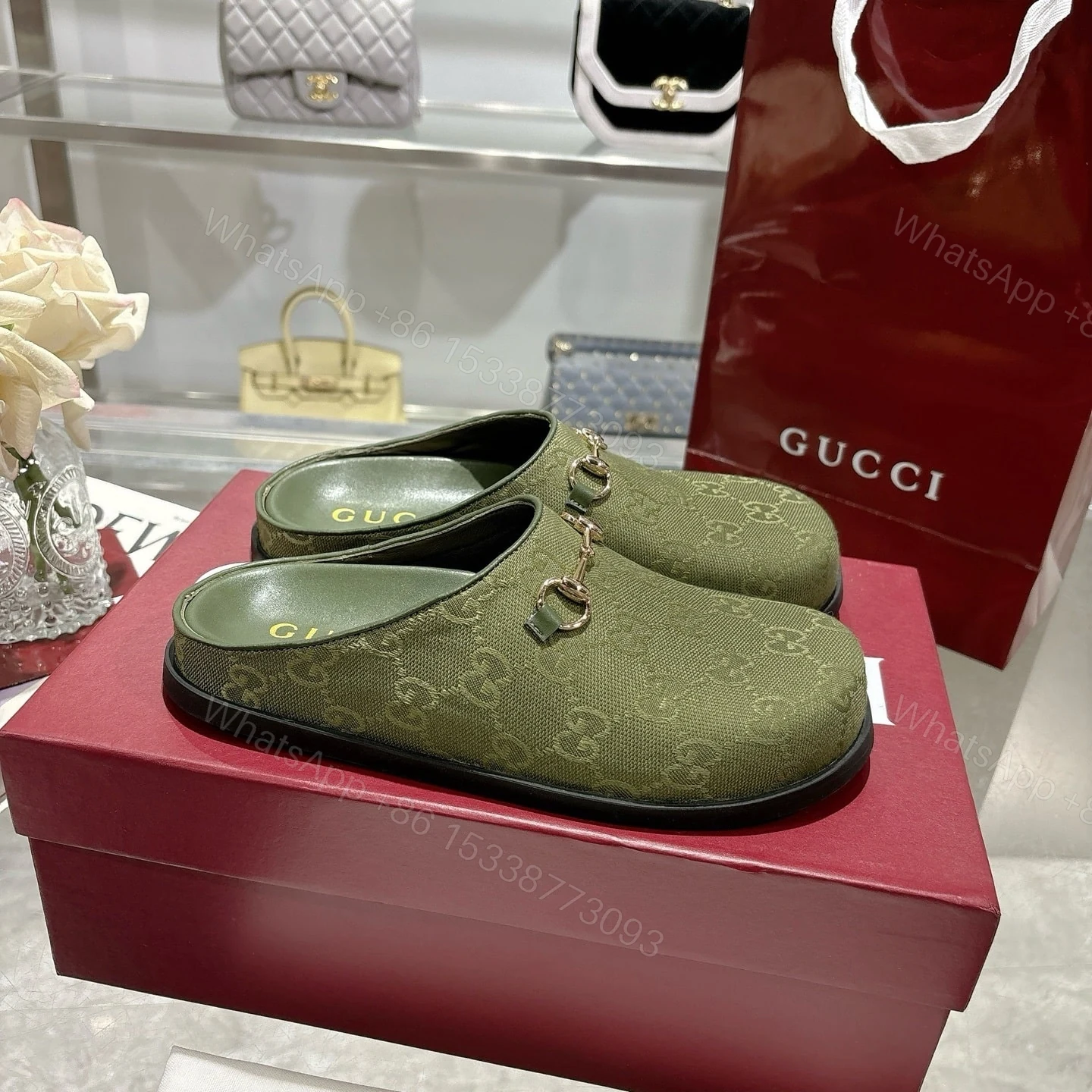 View 5 of GUCCI WOMEN MULE WITH HORSEBIT DARK GREEN GG CANVAS 837130 FAB10 3046