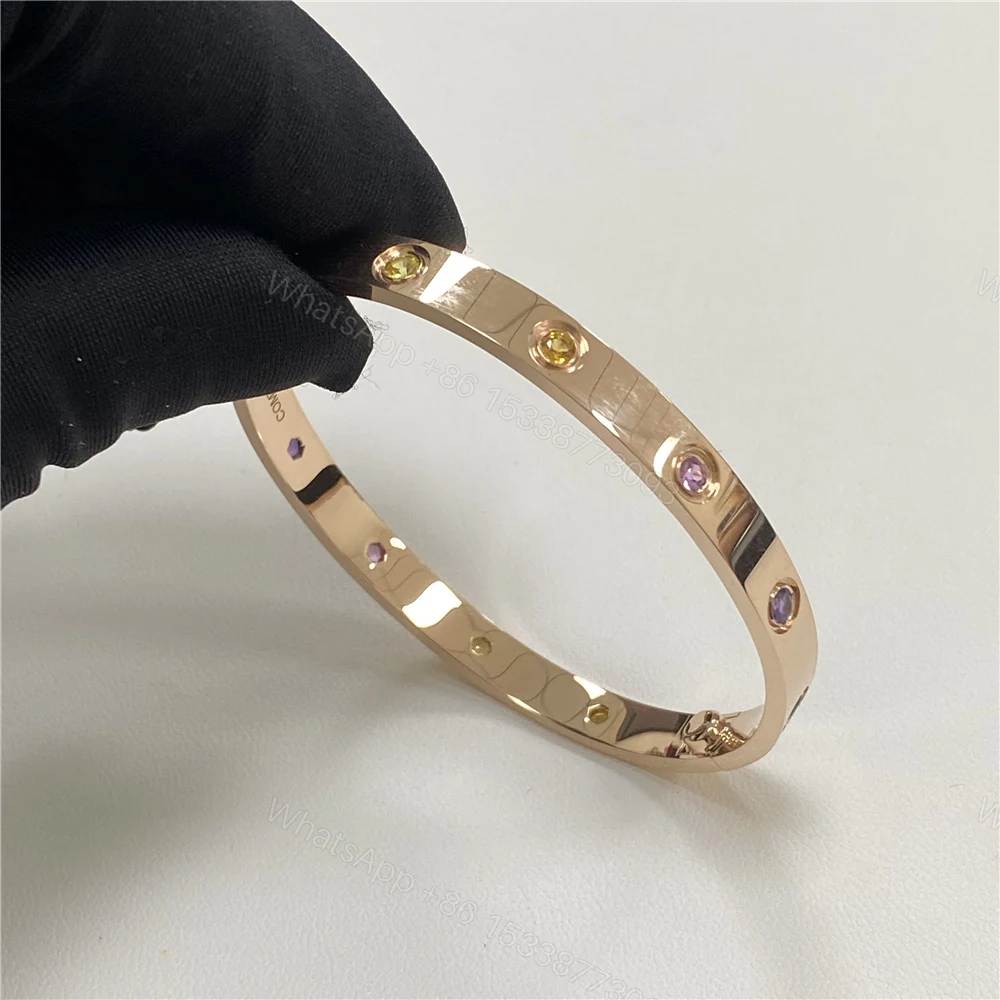 View 6 of Fake Cartier 18ct Rose Gold Rainbow Love Bracelet 10 Gemstones