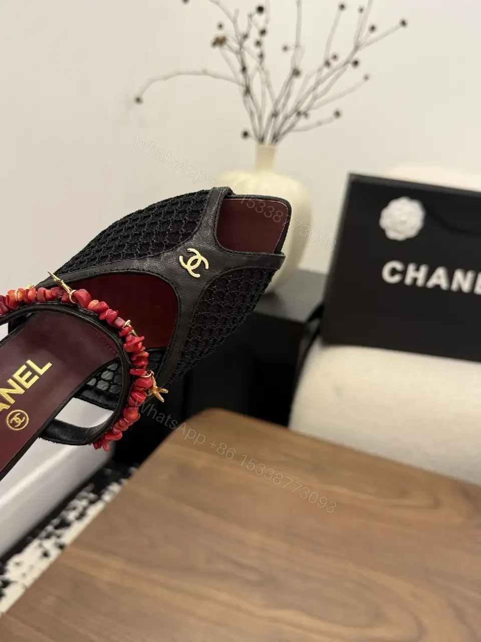 View 6 of Red Velvet Mesh Satin Heels Classic Chanel - Pearl Bead Strap Sandals