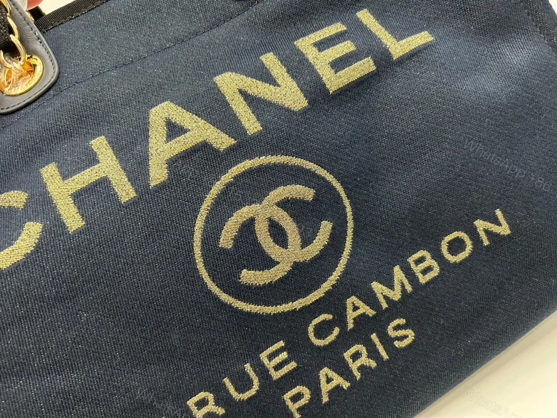 View 3 of CHANEL DEAUVILLE LARGE 38 TOTE BAG IN BLACK CANVAS WITH GOLD EMBROIDERED LOGO
