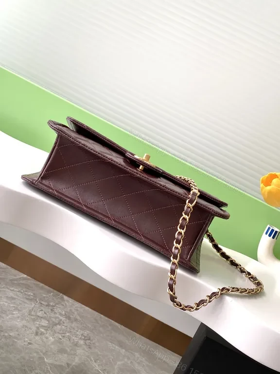 View 9 of Burgundy Quilted Leather Shoulder Bag with Gold Chain