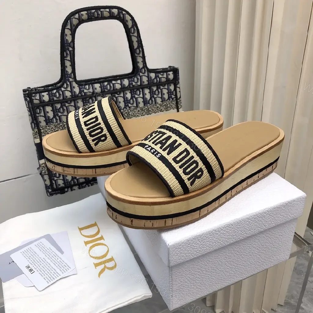 View 3 of Beige Leather Canvas Slip-Ons Dior-Style Logo Strap Sandals