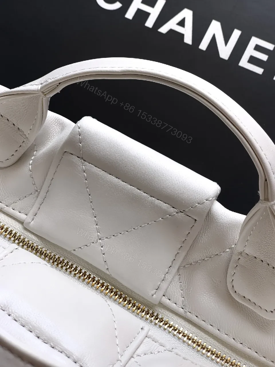 View 9 of Pearl White Quilted Satin Mini Bag with Bow Detail and Gold Logo